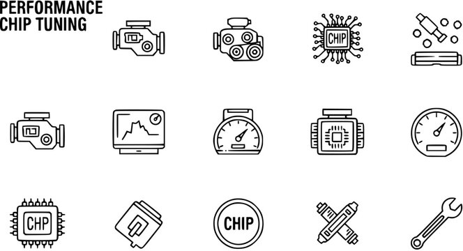Performance Chip Tuning Icons: Engine, Computer Chip, Tachometer, Wrench - Black and White Line Art