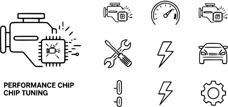 Automotive Performance Chip Tuning Line Art Vector Icons: Engine, Speedometer, Gear, Wrench for Car Upgrade  Power