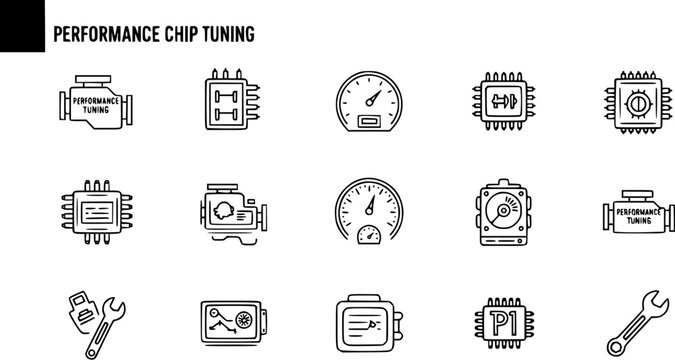 Automotive Performance Chip Tuning Line Art Icons Set. Engine ECU Remapping, Car Enhancement, and Vehicle Diagnostic Outline Vector Collection.