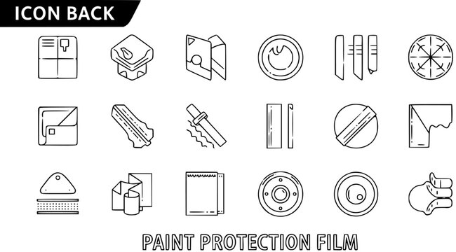 Automotive Detailing Paint Protection Film Icons Set in Black and White Line Art Style for Car Care and Vehicle Maintenance Services