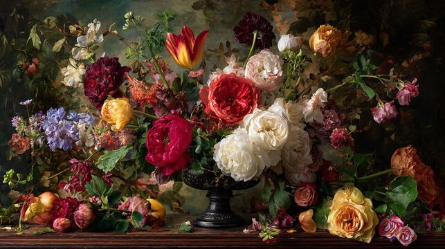 Floral art adorns a vintage backdrop, painted like old Dutch still life pictures.