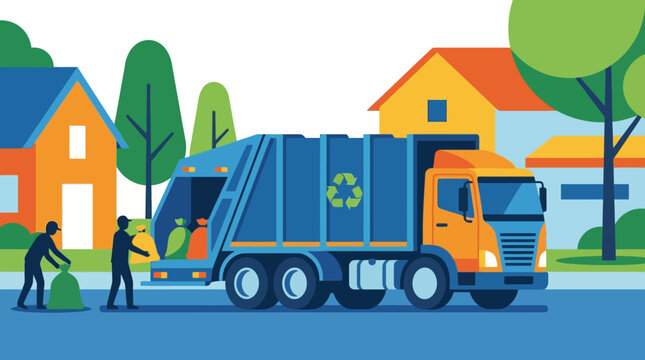 Garbage Truck Collecting Waste in Residential Neighborhood.