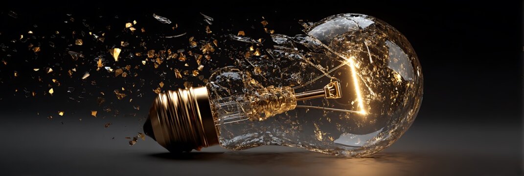 Dramatic exploding lightbulb shattering into glowing glass fragments on a dark background, symbolizing breakthrough innovation and disruptive creative ideas.