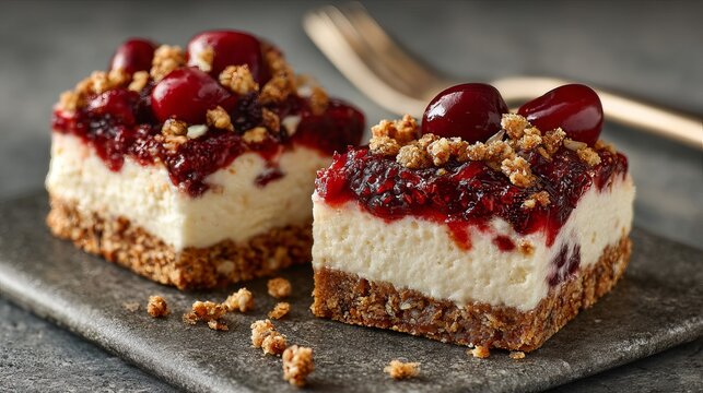 Fruity cherry and creamy cottage cheese desserts sit on a crunchy granola crust.