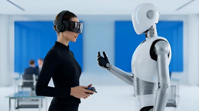 In a futuristic lab, a woman in a VR headset uses controllers to interact with a white humanoid robot. They stand amid sleek white decor and blue screens, exploring advanced human-robot synergy.