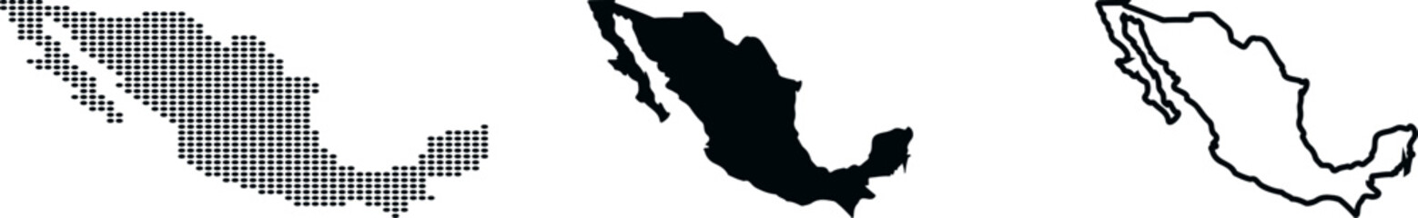 Fototapeta premium Mexico map in three styles dotted silhouette and outline on white background country North America