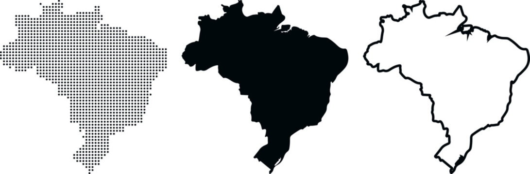 Brazil map in three styles dotted silhouette and outline on white background country South America