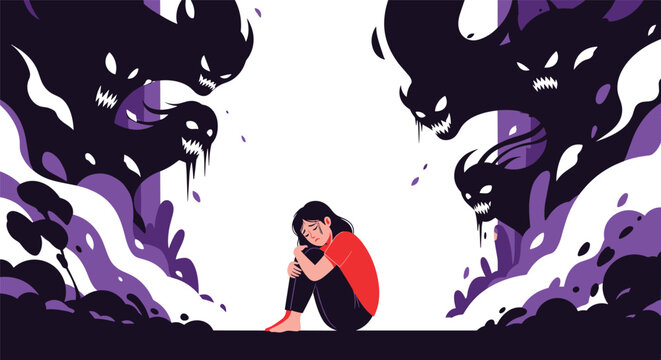 Young girl sits alone on the ground feeling scared and anxious as dark shadow monsters with white eyes surround her.