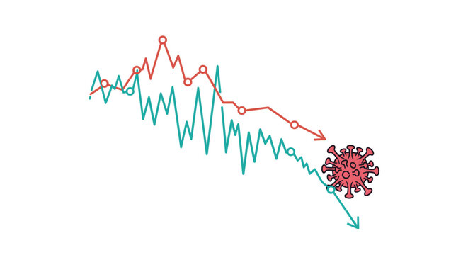 Financial line graph showing a sharp downward trend towards a red coronavirus molecule symbol on a white background.
