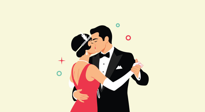 Elegant couple wearing 1920s Great Gatsby style attire share a romantic kiss while dancing at a festive party.