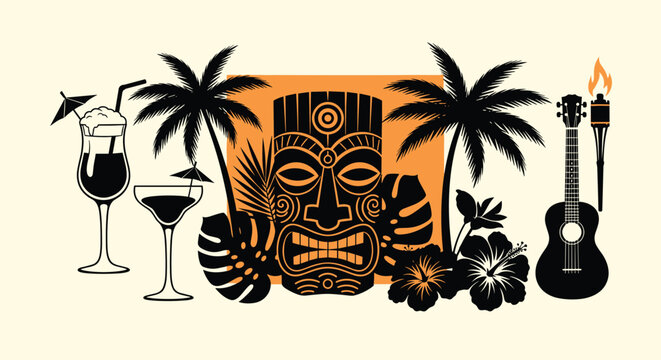 Traditional tiki mask surrounded by tropical island elements including palm trees cocktails hibiscus flowers and guitar.