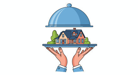 Fototapeta premium Pair of hands in blue suit sleeves holds a silver serving tray with a modern suburban house on it under an open blue cloche lid.