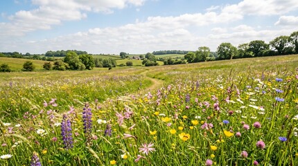 A serene landscape of a colorful wildflower meadow under a blue sky © Arqam