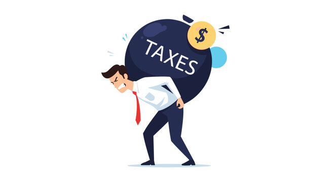 Stressed businessman in a suit carries a heavy black ball labeled taxes on his back, representing the burden of financial and tax responsibilities.