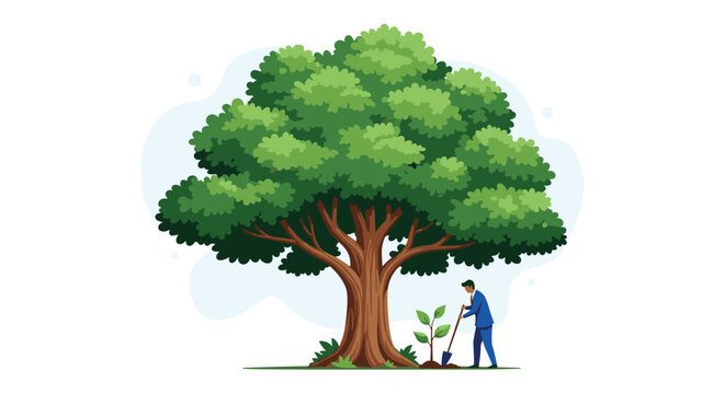 Man in a professional suit plants a small sapling in the shadow of a large mature oak tree, symbolizing investment in the future and growth.