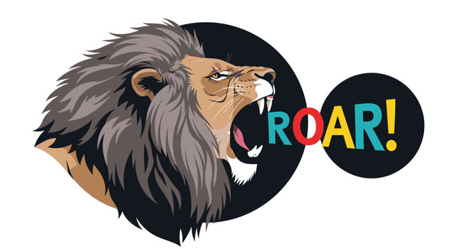 Majestic male lion with a thick mane lets out a powerful roar against a dark circular background with the word roar written in bold colors.