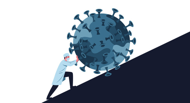 Determined doctor in a white lab coat pushes a giant model of a virus up a steep dark slope, symbolizing the hard work of medical research.