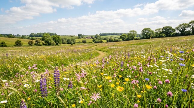A serene landscape of a colorful wildflower meadow under a blue sky
