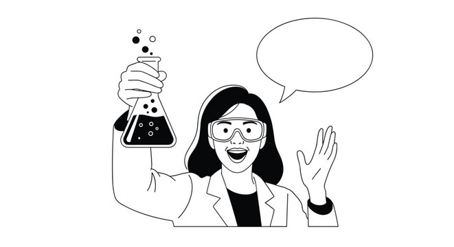 Female scientist in protective goggles excitedly holding a chemical flask with bubbles and empty speech bubble in black and white outline vector.