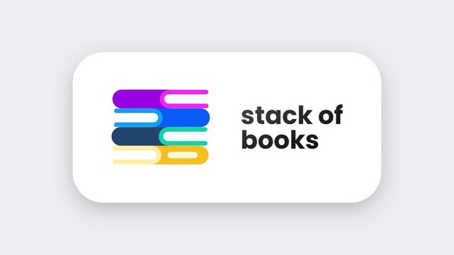 A colorful stack of books icon with rainbow colored spines arranged in a neat pile representing education or reading on a white rounded badge