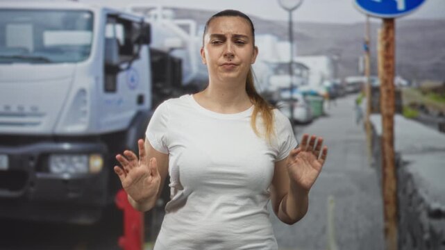 Woman hands raised palms out near parked delivery truck and roadside sign on street; hesitation discomfort.