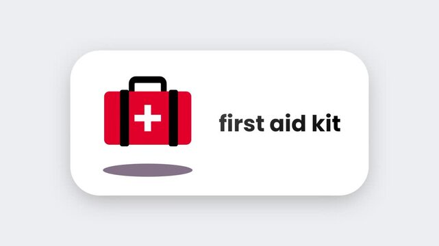 A red and white first aid kit box icon with a medical cross symbol and handle representing emergency health care on a white rounded badge