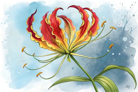 Vibrant Watercolor Illustration of a Gloriosa Flame Lily Flower on Abstract Blue Background