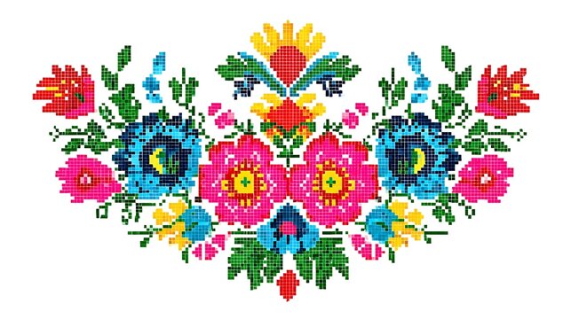 Cross stitch floral pattern with red roses and blue flowers isolated on a white background