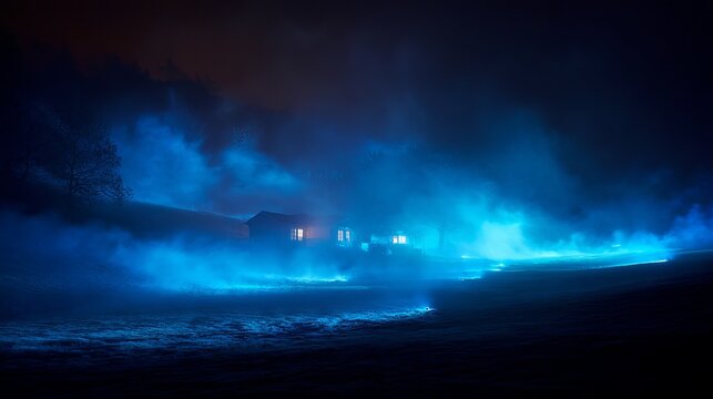 A serene beach scene at night with glowing blue waves crashing against the shore near a house