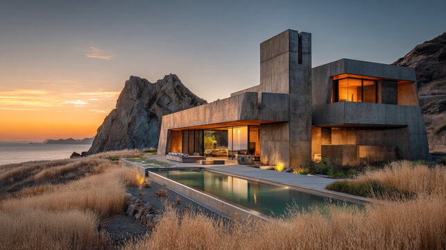 A photo of an ultra-modern, rectilinear architectural house. The building is constructed from massive.