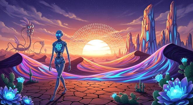 Futuristic Robot Standing on Alien Landscape at Sunset.