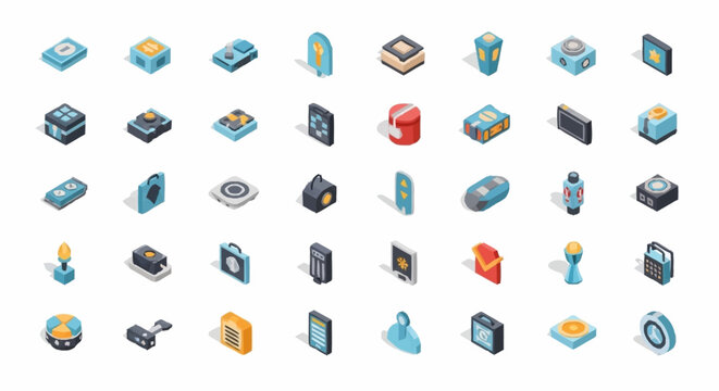 Collection of isometric icons representing various modern technology devices and gadgets.