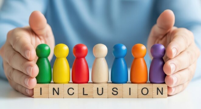Social Inclusion and Diversity Concept with Colorful Figures Protected by Hands on Wooden Blocks