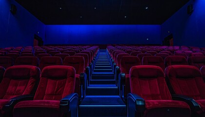 Naklejka premium Empty movie theater with plush red seats and illuminated blue aisle.