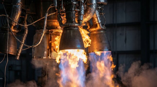  Powerful rocket engine propulsion nozzles during ignition test with intense blue and orange flames