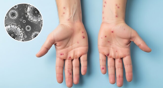 Hands with rash and poxvirus infection symptoms on blue background