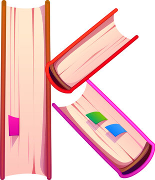 Novel book cartoon kids ABC typeset, font letter K. Bookstore bestseller type font symbol, library book typeset vector sign. Education textbook English alphabet letter