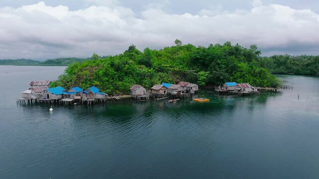 Kepulauan Kabalutan Village Ocean Landscape &ndash; Scenic Drone Footage Togean Island Indonesia
