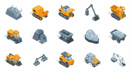 Collection of isometric mining equipment and rocks, including excavators, dump trucks, and loaders. © Sapi