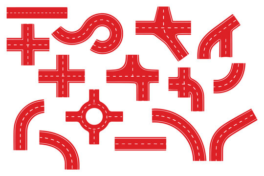 Road segment illustration collection featuring straight, curved, U-turn, T-junction, Y-junction, roundabout, cross intersection vector design set. straight street elements collection, asphalt paths. 