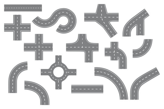 Road segment illustration collection featuring straight, curved, U-turn, T-junction, Y-junction, roundabout, cross intersection vector design set. straight street elements collection, asphalt paths. 