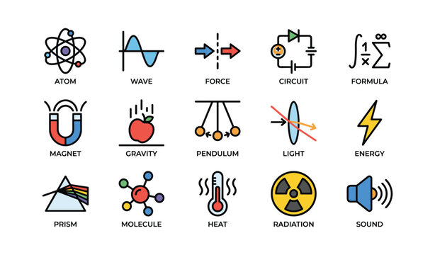 Colorful science icons: atom, circuit, pendulum, and energy symbols