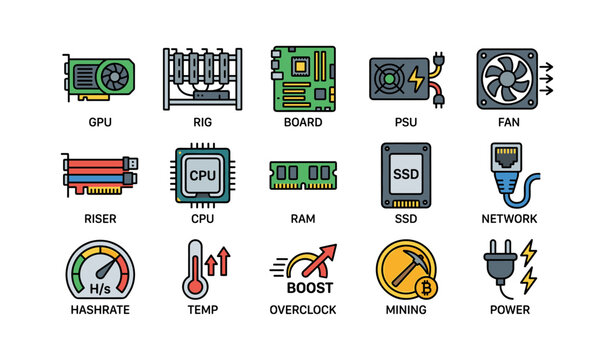 Colorful cryptocurrency mining equipment icons featuring gpu, cpu, and ssd