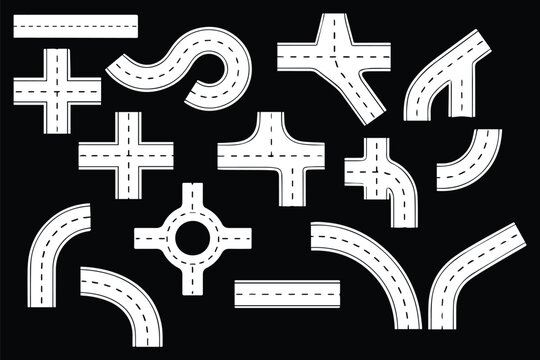 Road segment illustration collection featuring straight, curved, U-turn, T-junction, Y-junction, roundabout, cross intersection vector design set. straight street elements collection, asphalt paths. 
