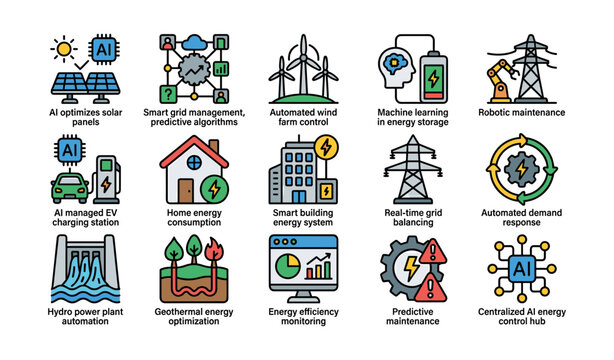 Smart energy solutions and ai technology in power management icon set