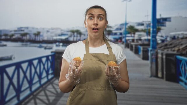Woman holding two muffins with gloved hands in apron on a waterfront street pier with marina boats and railing; surprise offering.