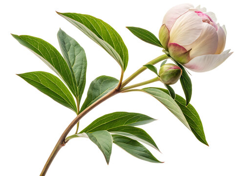 Peony bud branch with fresh leaves isolated 