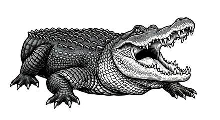 Fototapeta premium Alligator Reptile Open Mouth Aggressive Black and White Illustration