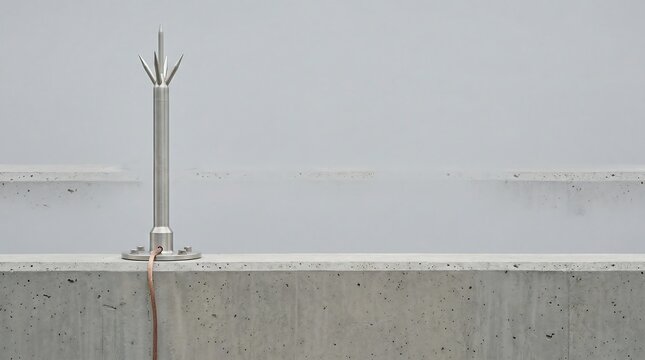 brushed stainless steel lightning air terminal mounted on a smooth, raw concrete parapet wall