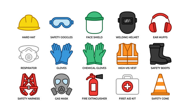 Essential safety equipment icons: hard hat, safety goggles, welding helmet, respirator, first aid kit